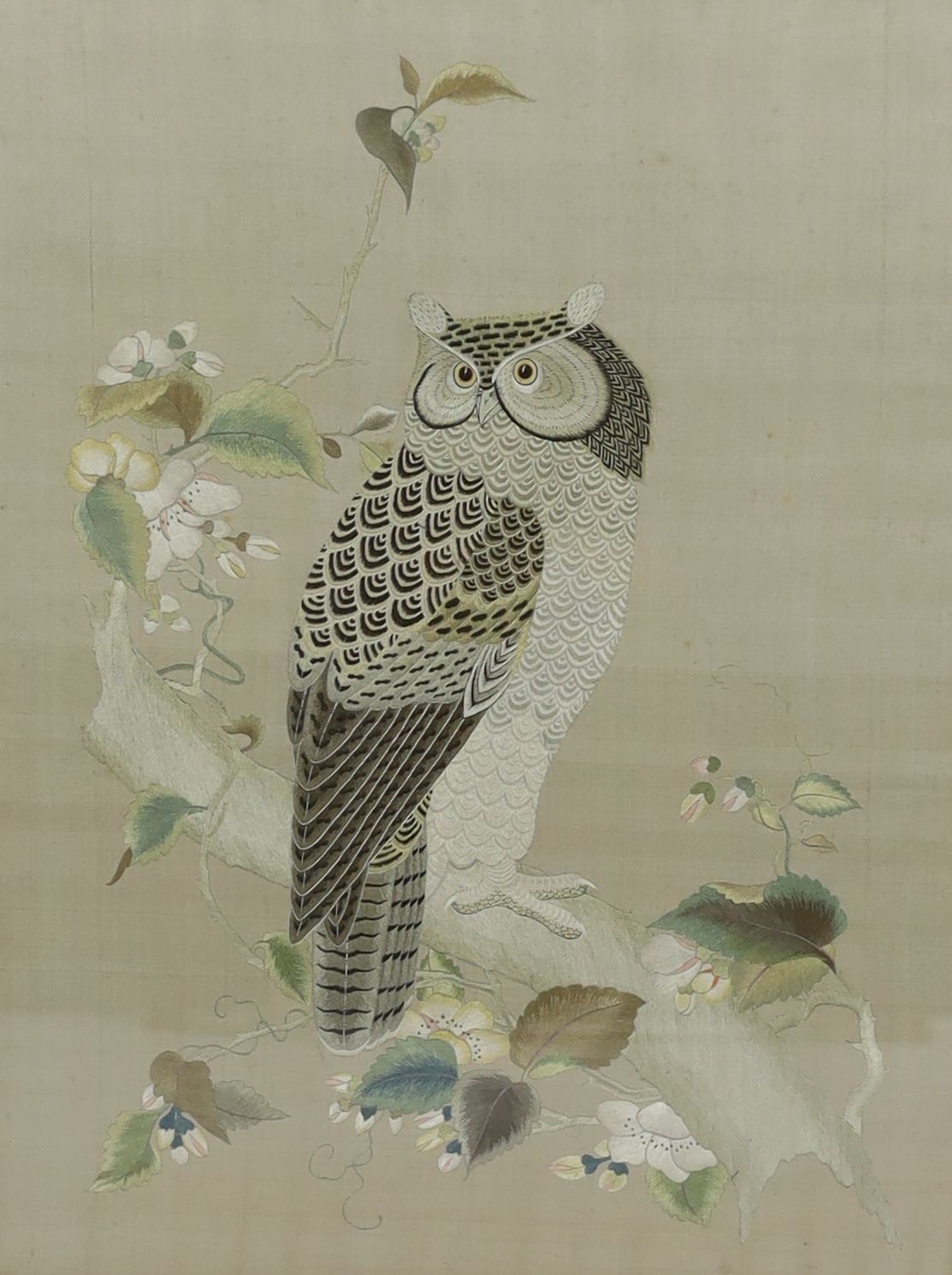 An unusual Chinese embroidered silk panel of an owl, late 19th century, 66cm x 49cm